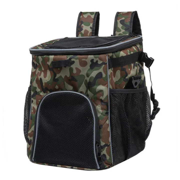 Bolsa para bicicleta y mochila 2 en 1 plegable para mascotas de camuflaje, vista en ángulo