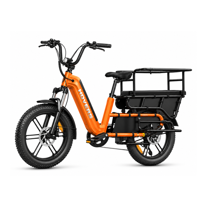 Bicicleta eléctrica HOVSCO HovCart en vista frontal en ángulo en color naranja