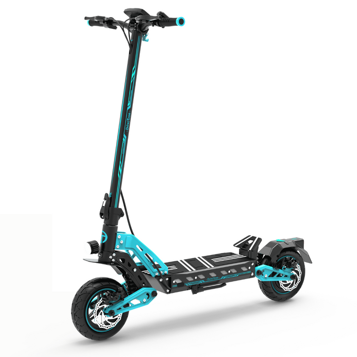 Patinete eléctrico DriveTron DT10 en vista frontal en ángulo en color azul claro