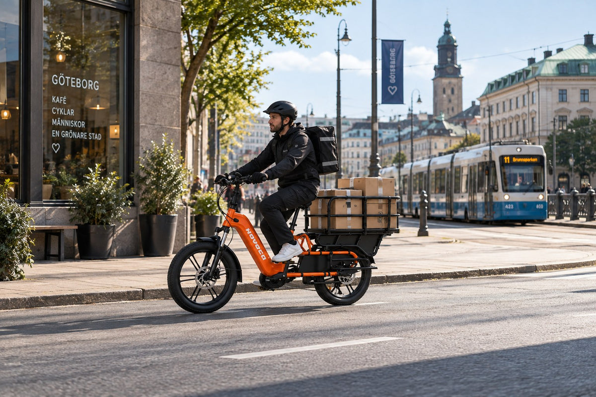 Repartidor entregando paquetes con una bicicleta de carga eléctrica HOVSCO en Gotemburgo