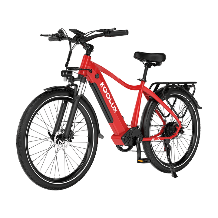 Bicicleta eléctrica KOOLUX X3 en vista frontal en ángulo en color rojo