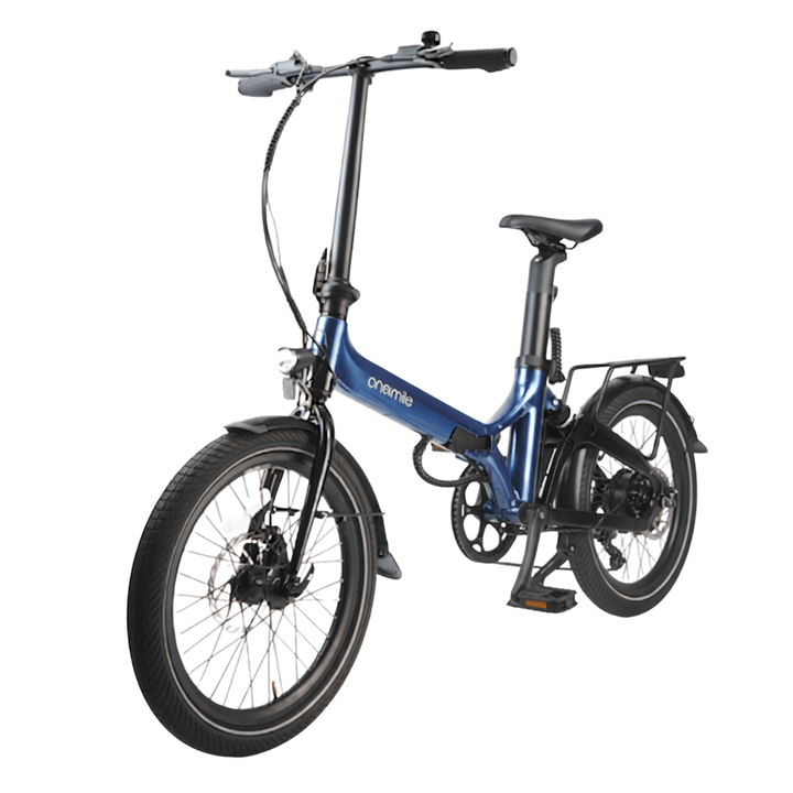 Bicicleta eléctrica plegable Onemile E1P en vista frontal en ángulo en color azul