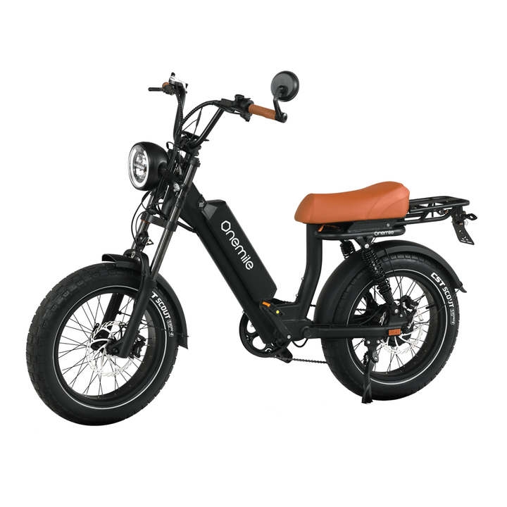 Bicicleta eléctrica fat bike Onemile M40 PRO en vista frontal en ángulo en color negro