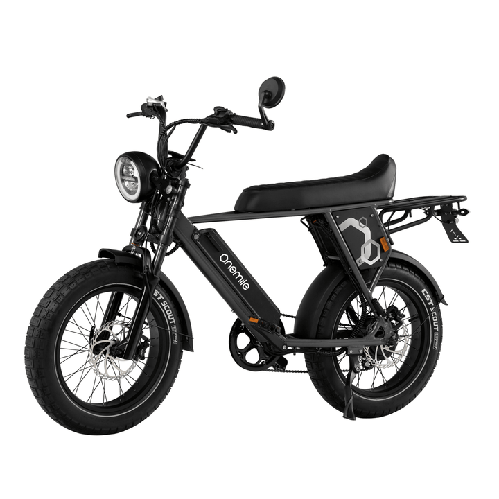 Bicicleta eléctrica fat bike Onemile P40 Pro en vista frontal en ángulo en color negro
