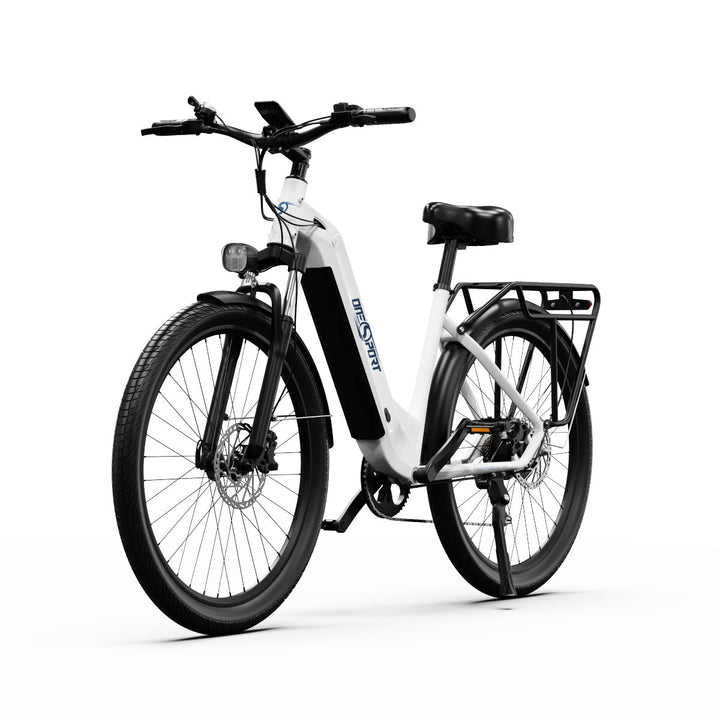Bicicleta eléctrica OneSport OT05 en vista frontal en ángulo en color blanco