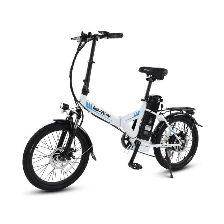 Bicicleta eléctrica plegable VARUN C20-1 Pro en vista frontal en ángulo en color blanco