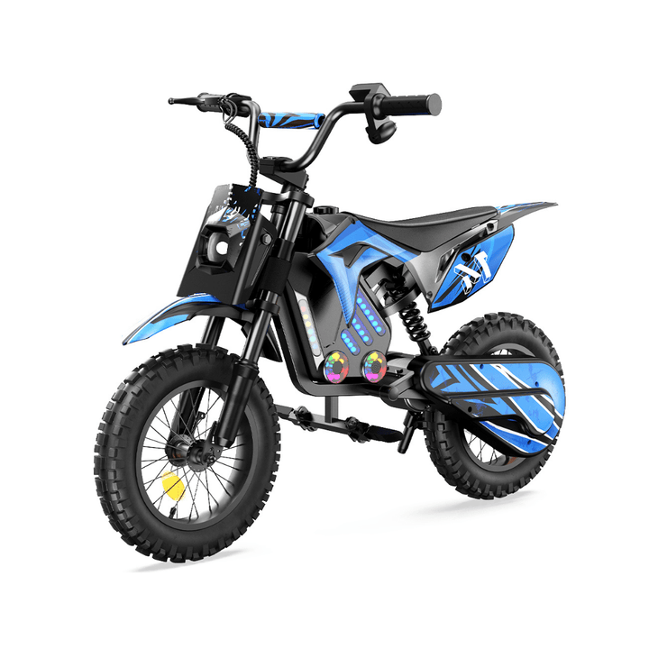 Moto cross eléctrica Wheely A14 en vista frontal en ángulo en color azul