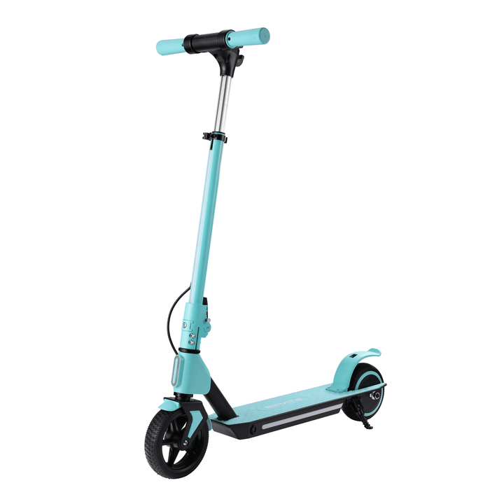 Patinete eléctrico infantil Wheely Junior S2 Pro en vista frontal en ángulo en color azul claro