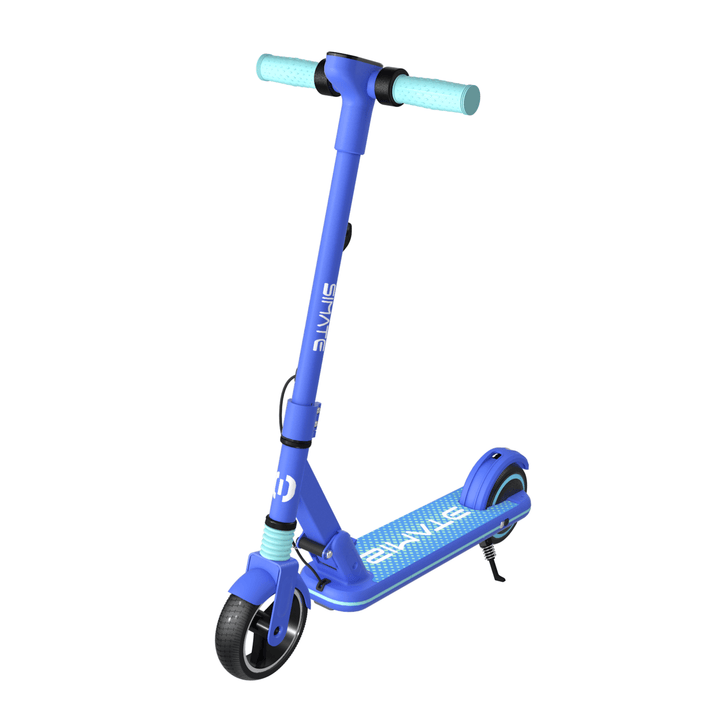 Patinete eléctrico infantil Wheely Junior S3 en vista frontal en ángulo en color azul