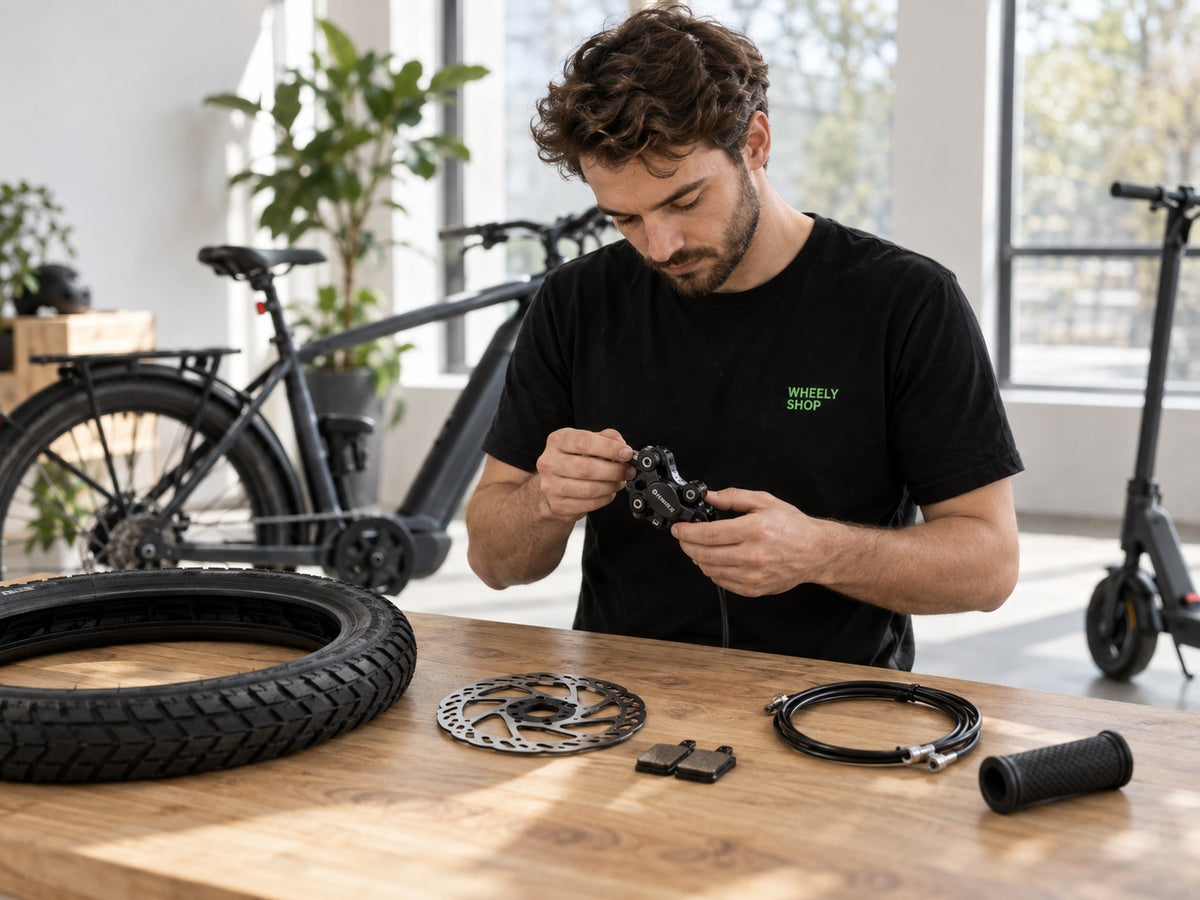Técnico de Wheelyshop montando una pinza de freno en un banco de trabajo con neumático, disco, pastillas y cables – repuestos para bicicletas y patinetes eléctricos