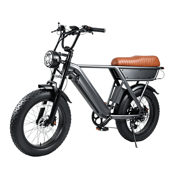 Bicicleta eléctrica fat bike YANGOR Y20 en vista frontal en ángulo en color gris