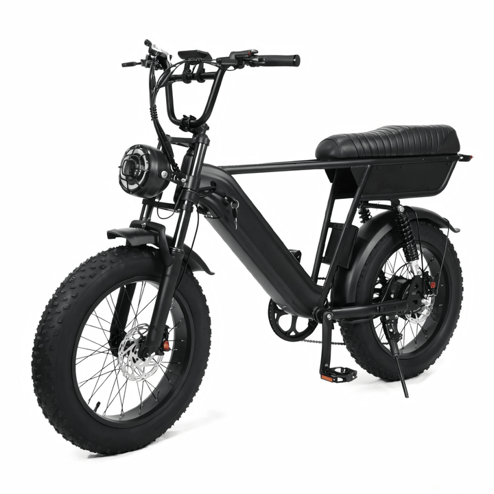 Bicicleta eléctrica fat bike YANGOR Y20 Plus en vista frontal en ángulo en color negro