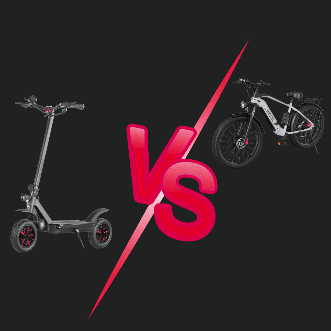 Patinete eléctrico y bicicleta eléctrica fat bike a cada lado de un VS rosa – ¿patinete o bicicleta eléctrica?
