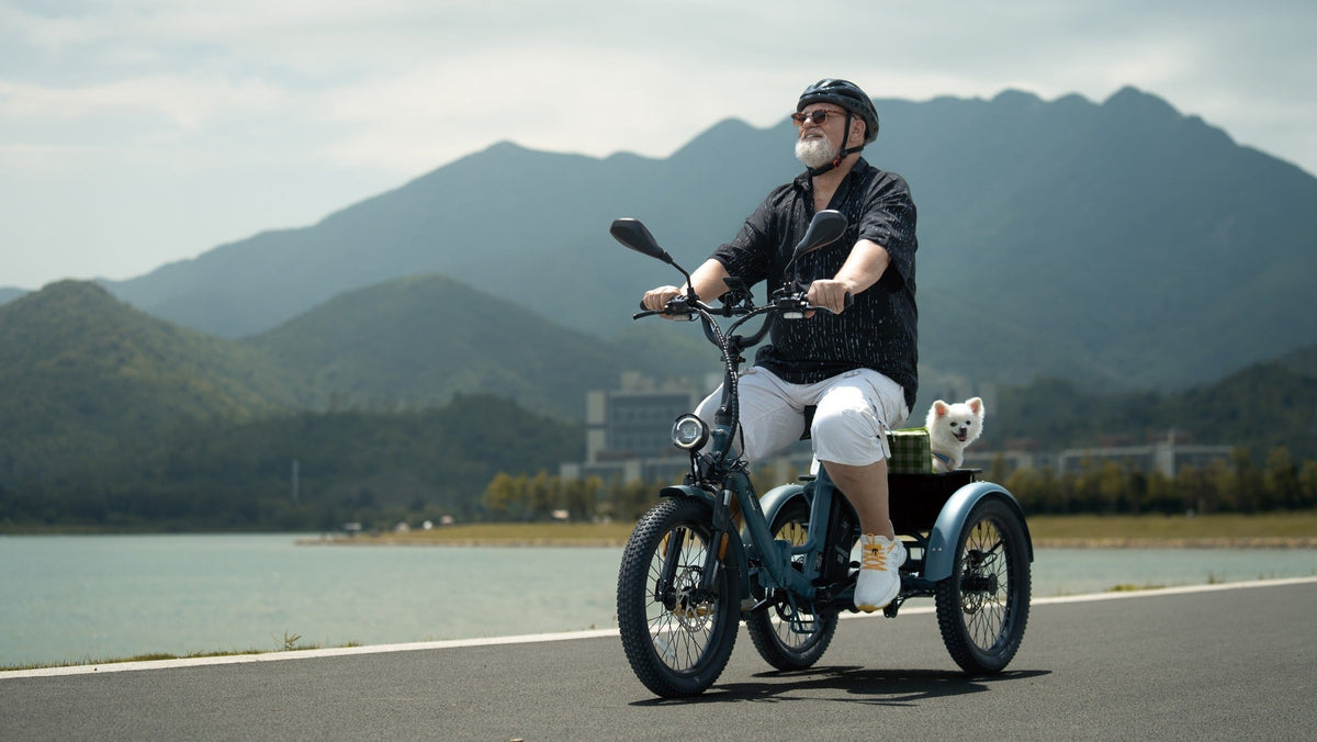 Hombre mayor con casco en un triciclo eléctrico verde azulado con cesta y un perrito, en una carretera junto a un lago