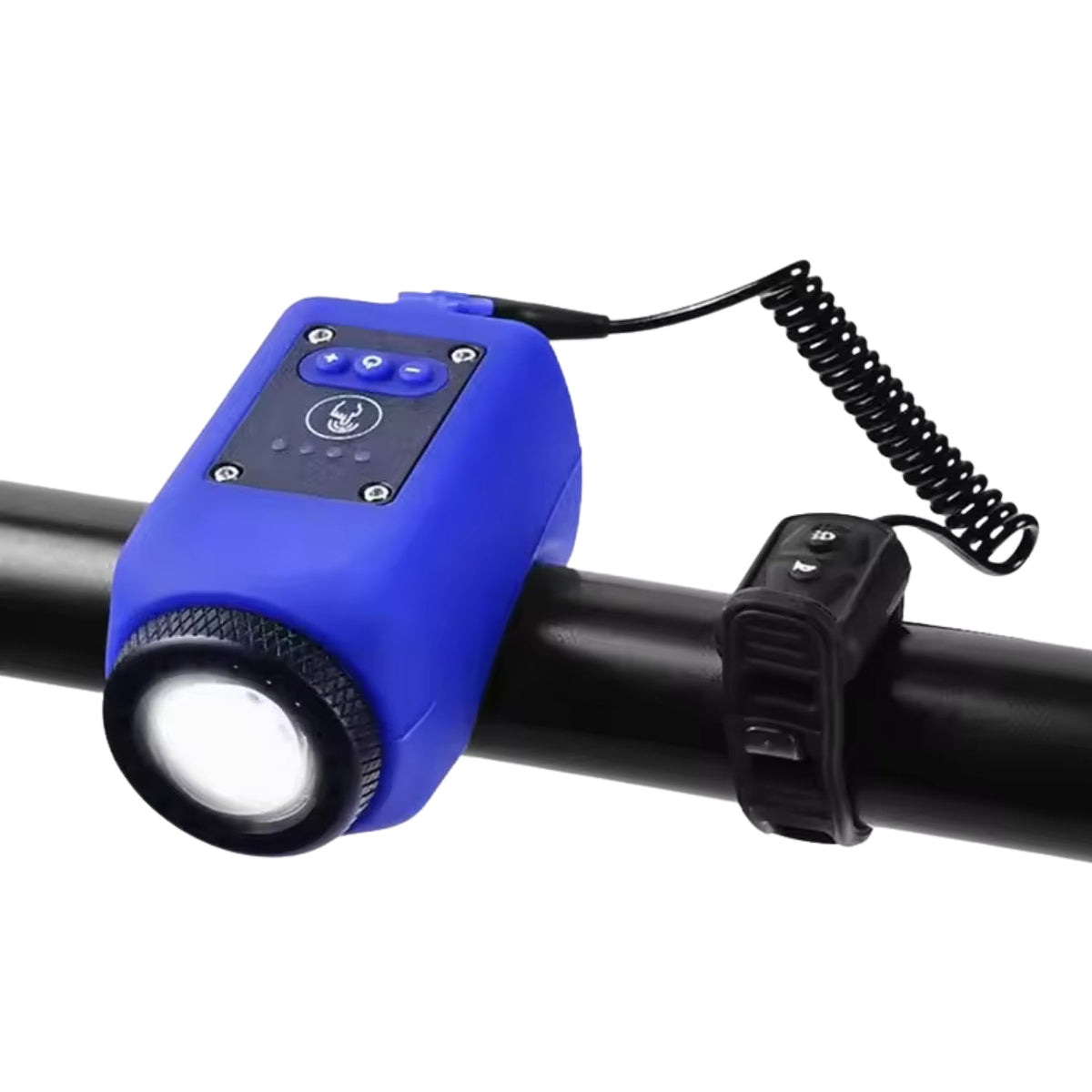 Bocina eléctrica y faro 2 en 1 en azul en el patinete eléctrico, vista en ángulo
