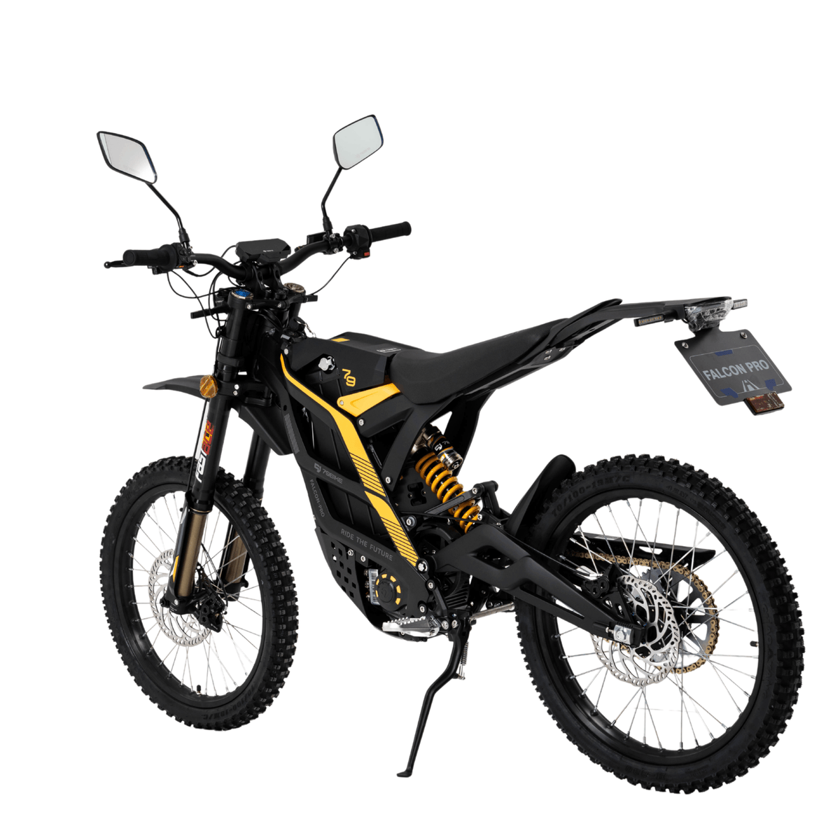 Moto cross eléctrica 79BIKE Falcon Pro RL en vista frontal en ángulo en color negro