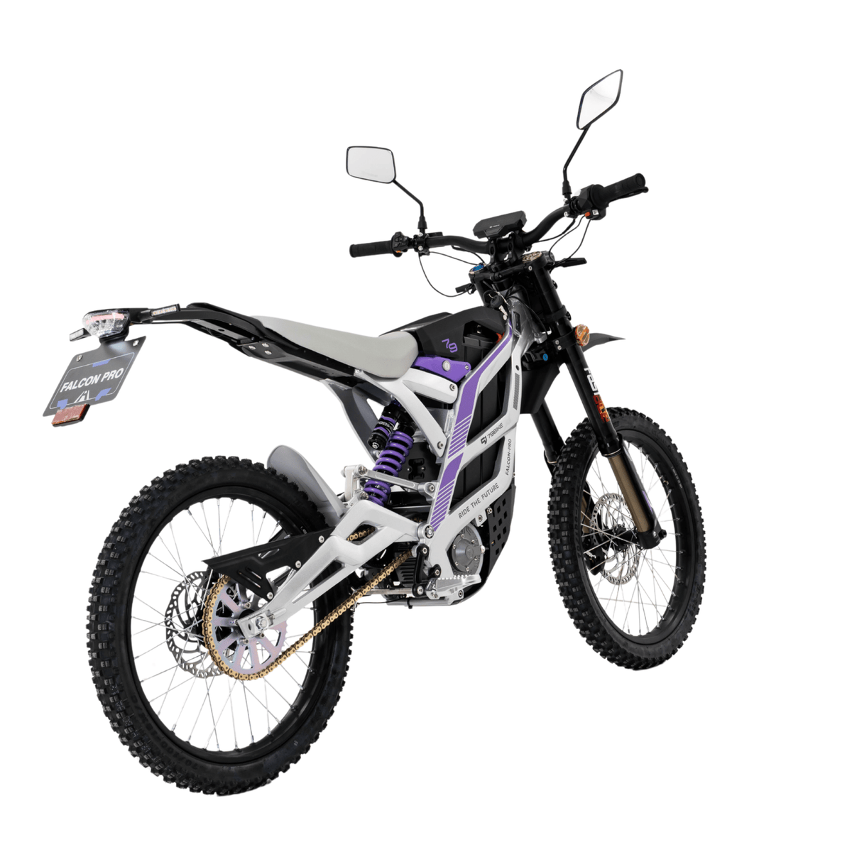 Moto cross eléctrica 79BIKE Falcon Pro RL en vista frontal en ángulo en color blanco