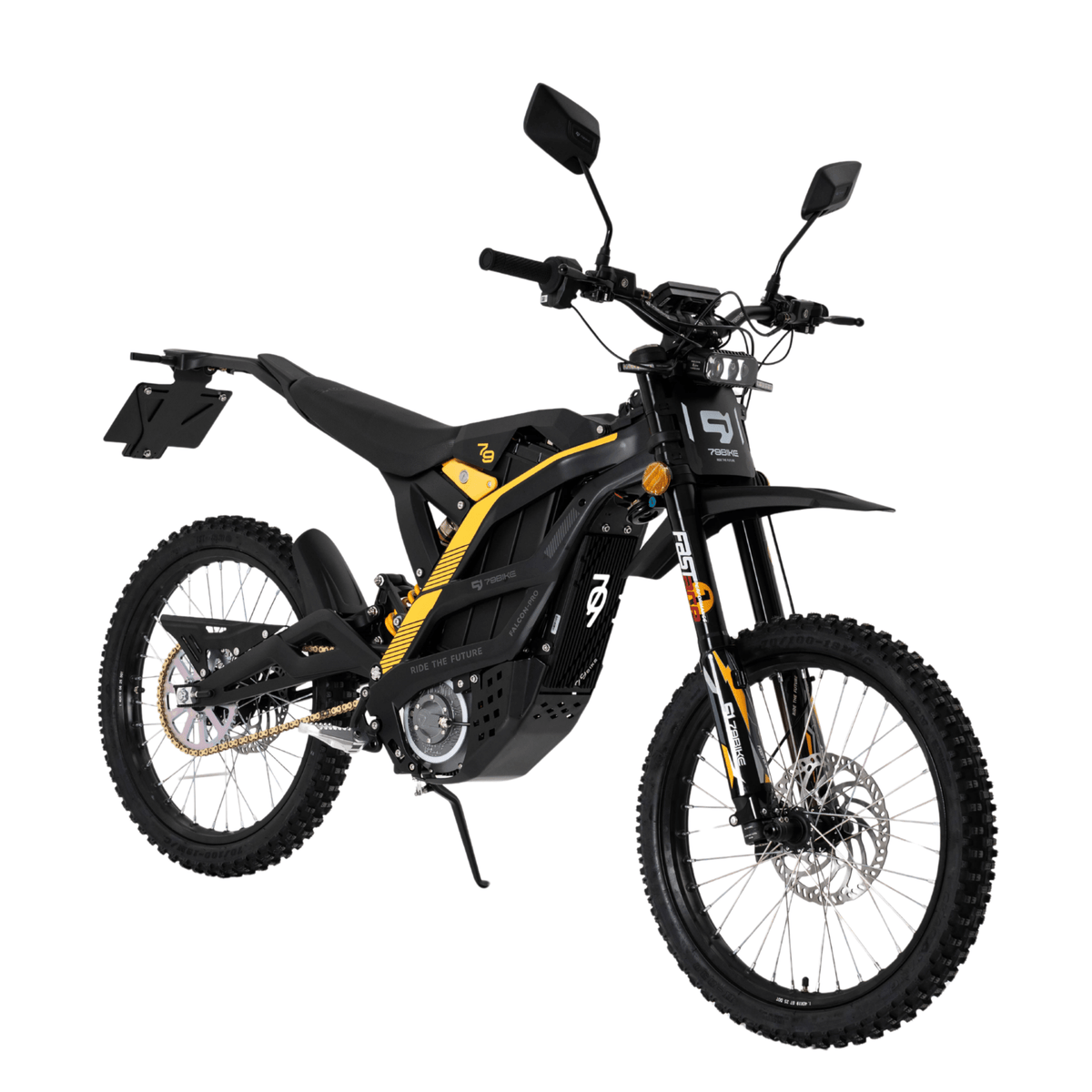 Moto cross eléctrica 79BIKE Falcon Pro RL en vista frontal en ángulo en color negro