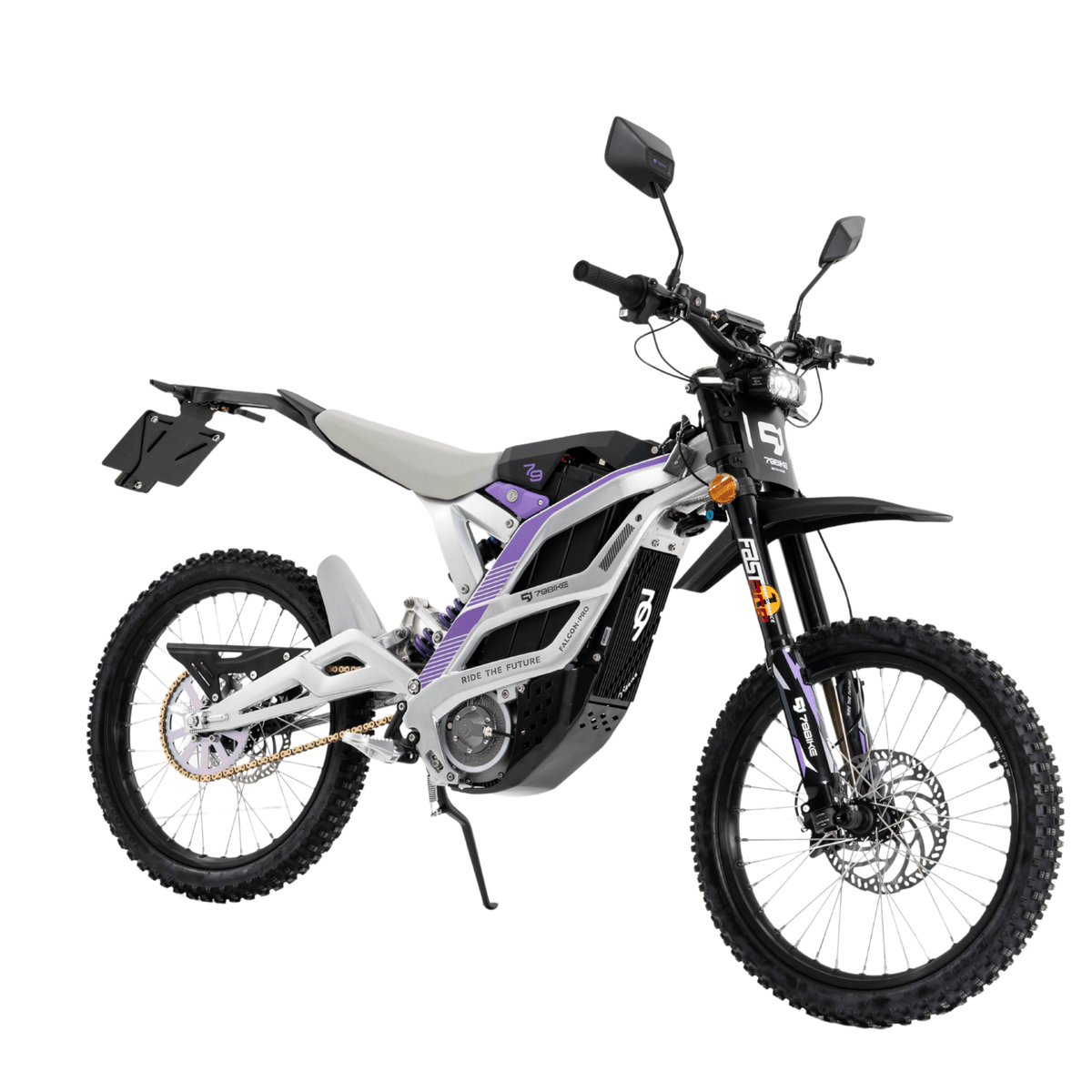 Moto cross eléctrica 79BIKE Falcon Pro RL en vista frontal en ángulo en color blanco
