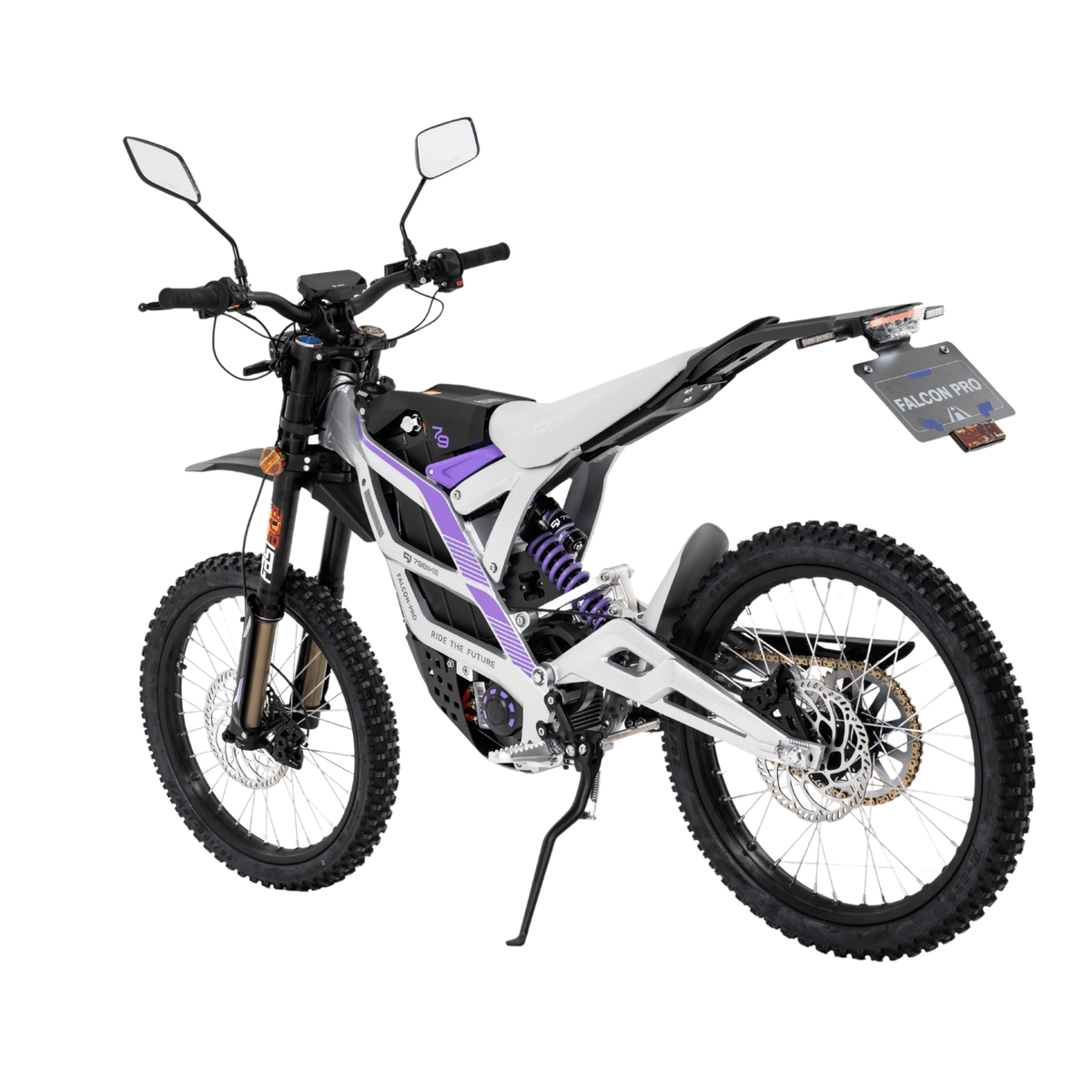Moto cross eléctrica 79BIKE Falcon Pro RL en vista frontal en ángulo en color blanco