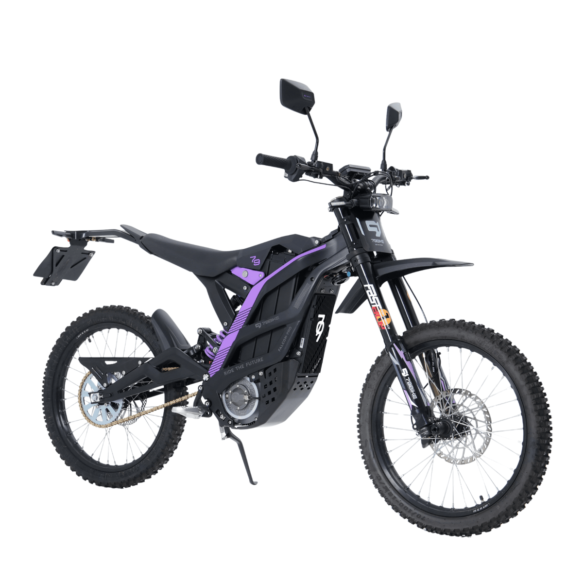 Moto cross eléctrica 79BIKE Falcon Pro RL en vista frontal en ángulo en color morado