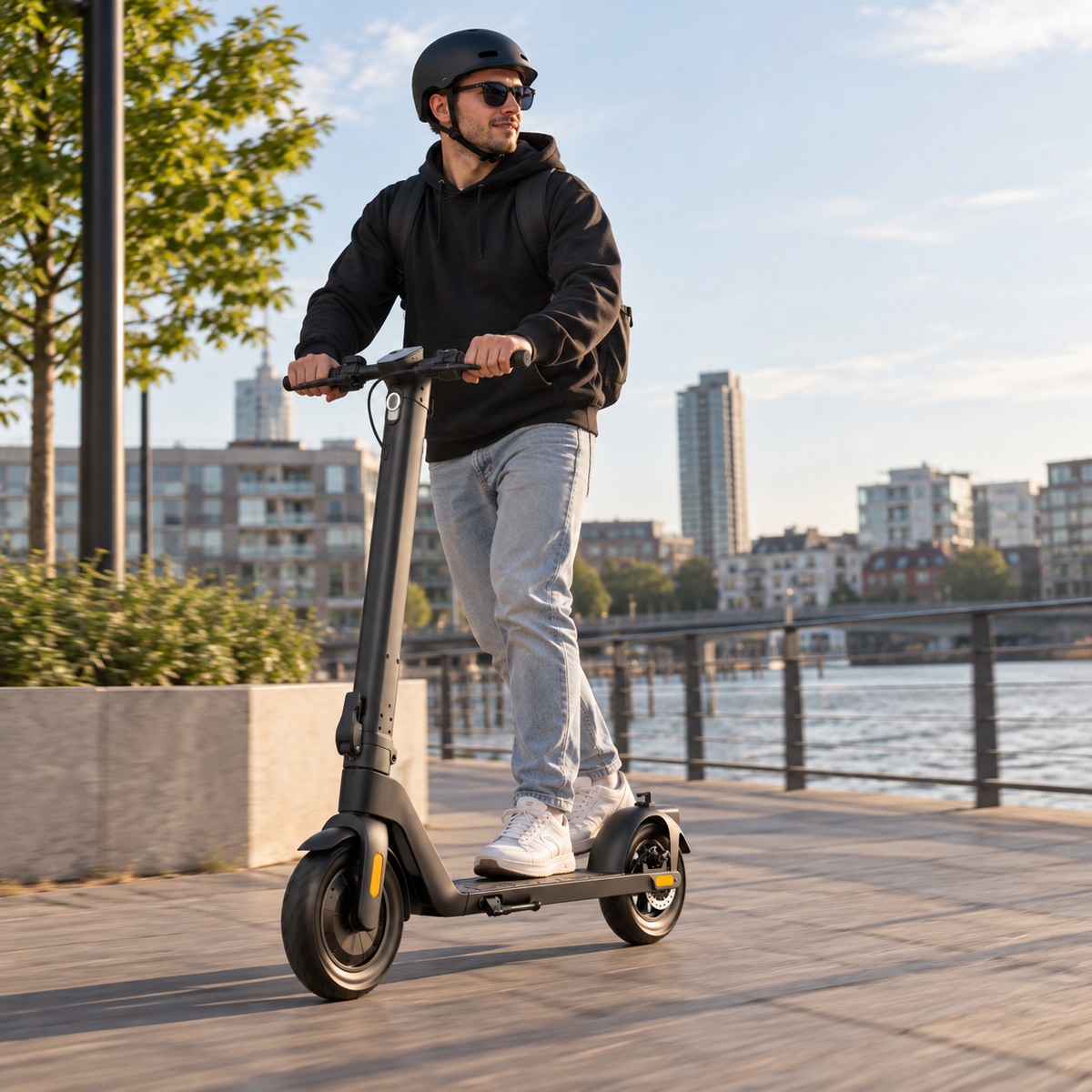 Hombre montando el patinete eléctrico HX D01 por un camino peatonal