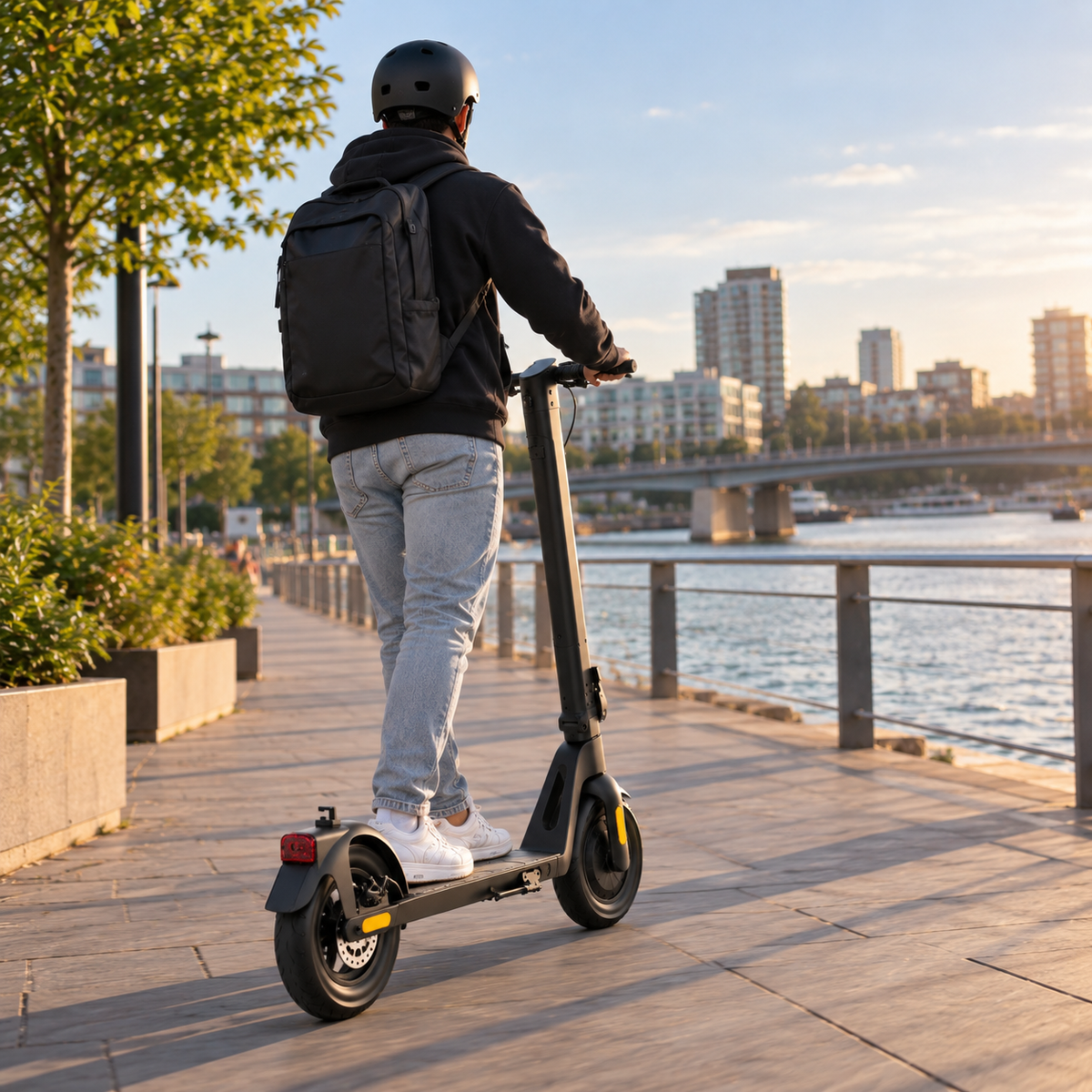 Hombre montando el patinete eléctrico HX D01 por la ciudad