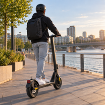 Hombre montando el patinete eléctrico HX D01 por la ciudad