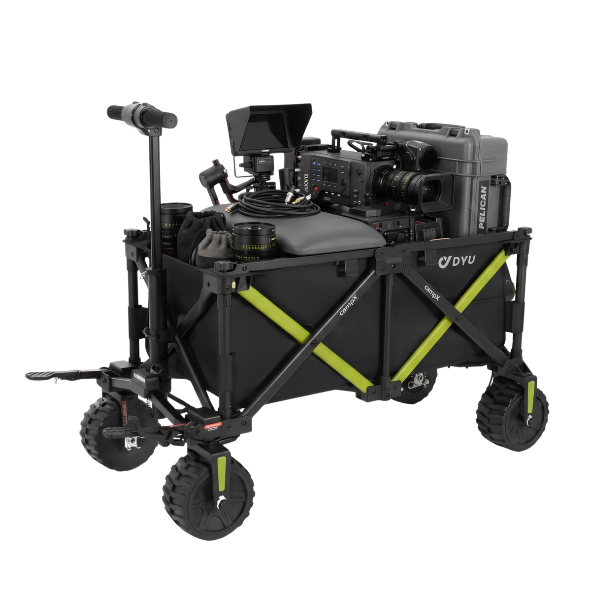 DYU CampX con equipo fotográfico, monitor, objetivo y un maletín rígido gris en el carro