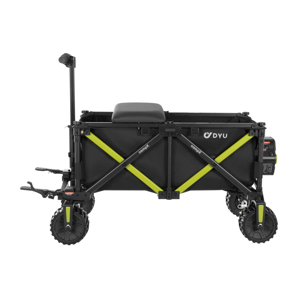 DYU CampX visto de lado con travesaños verde lima, asiento, asa y ruedas de dibujo marcado