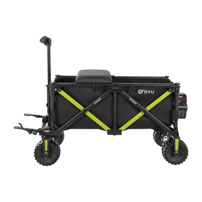 DYU CampX visto de lado con travesaños verde lima, asiento, asa y ruedas de dibujo marcado