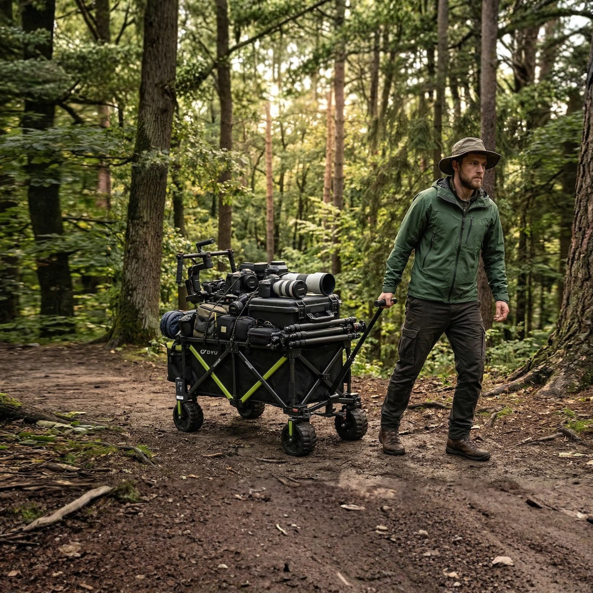DYU CampX: un hombre tira del carro cargado con equipo fotográfico por un sendero del bosque