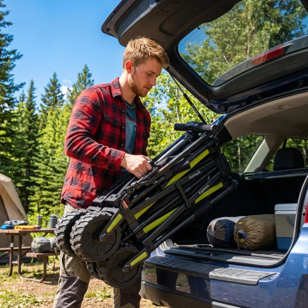 DYU CampX: un hombre levanta el carro plegado para meterlo en el maletero de un coche