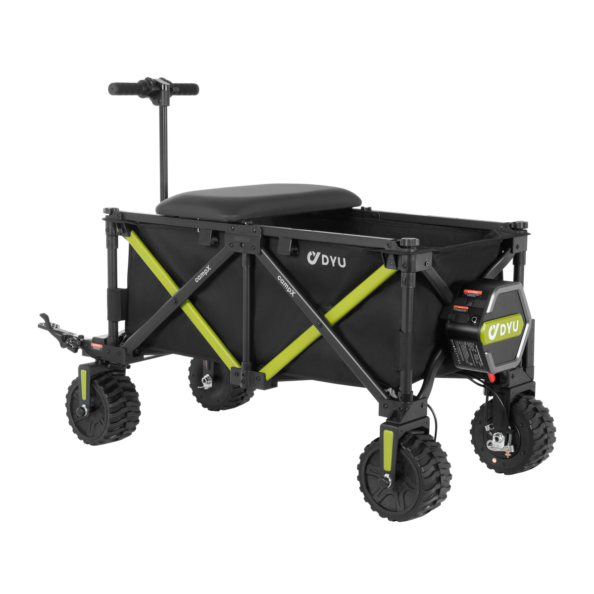 DYU CampX, carro negro con refuerzos cruzados verde lima, asiento, asa y cuatro ruedas de dibujo marcado