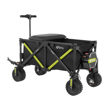 DYU CampX, carro negro con refuerzos cruzados verde lima, asiento, asa y cuatro ruedas de dibujo marcado