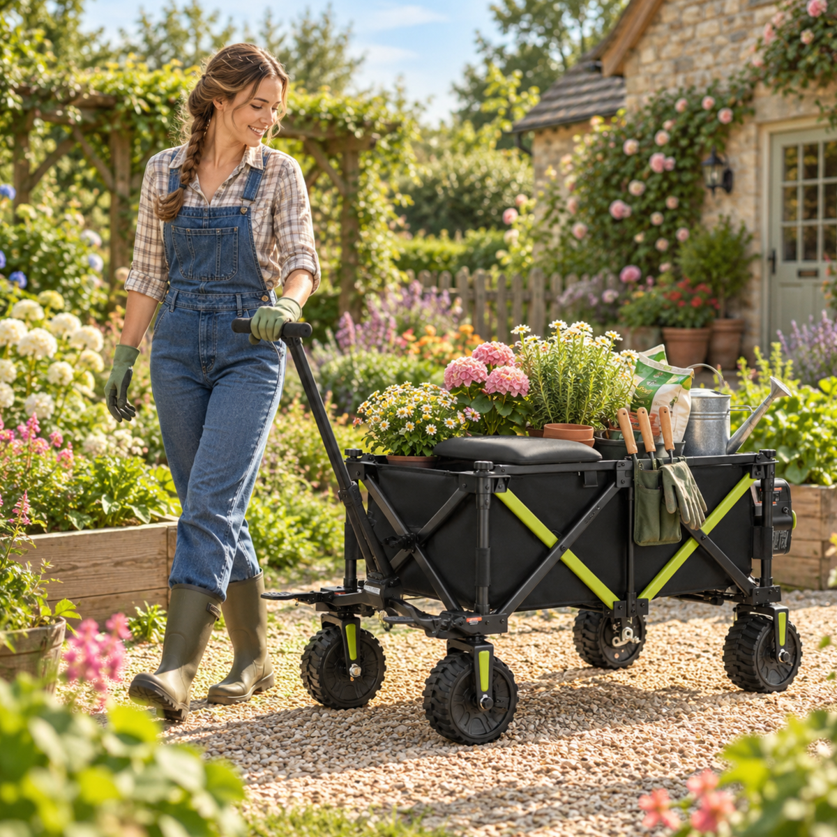 Carro plegable negro DYU CampX con detalles verdes del que tira una mujer por un jardín, cargado con flores y herramientas de jardín