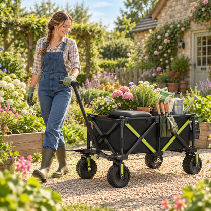 Carro plegable negro DYU CampX con detalles verdes del que tira una mujer por un jardín, cargado con flores y herramientas de jardín