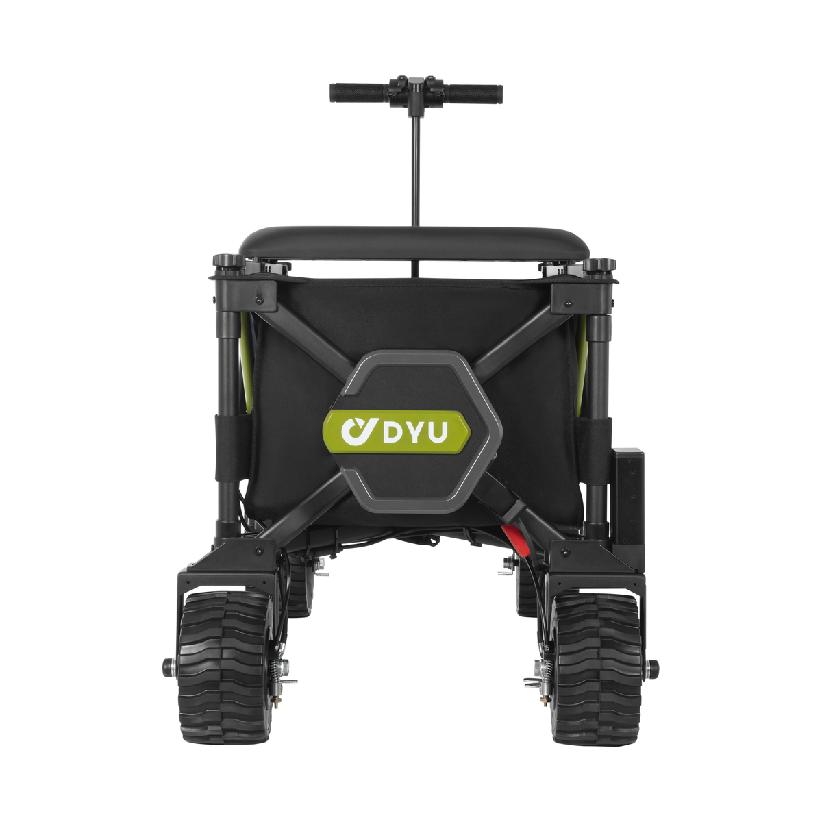 DYU CampX visto desde el lado corto con caja hexagonal DYU, asiento, asa y ruedas anchas