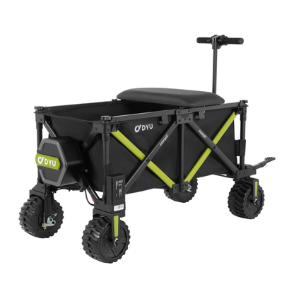 DYU CampX, carro negro con refuerzos cruzados verde lima, asiento, asa y cuatro ruedas de dibujo marcado
