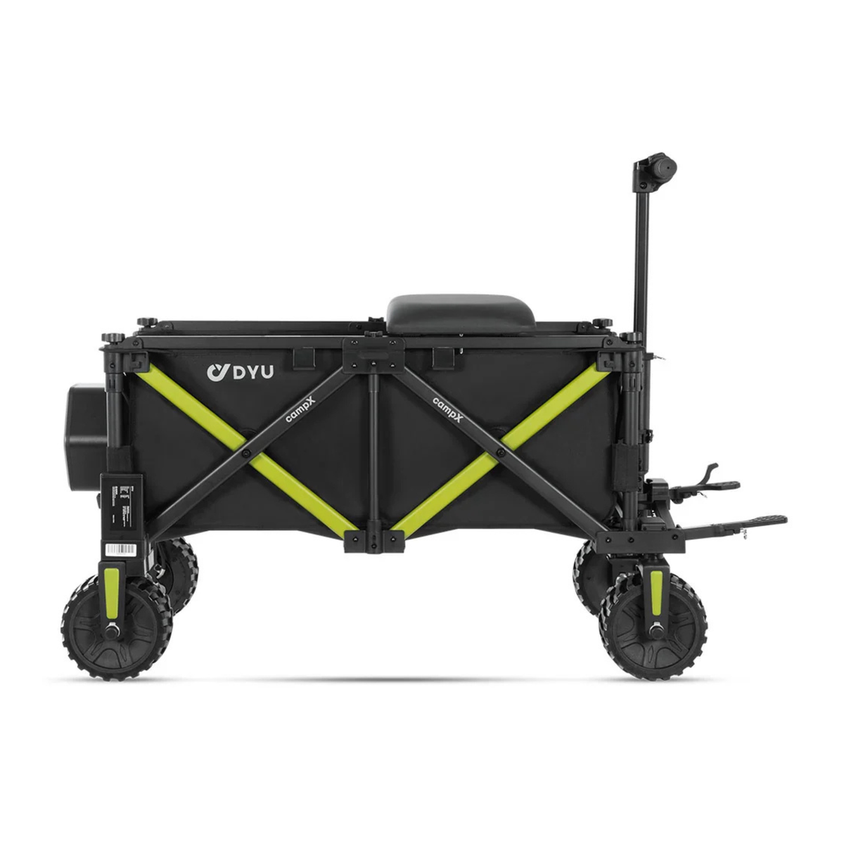 DYU CampX visto de lado con cesta negra, refuerzos cruzados verde lima, asiento, asa y cuatro ruedas