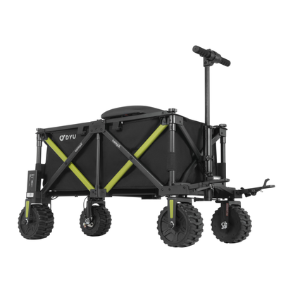 DYU CampX, carro negro con asa levantada, refuerzos cruzados verde lima y cuatro ruedas de dibujo marcado