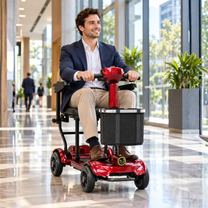 Hombre sentado en el scooter de movilidad EASWE M10 en interior