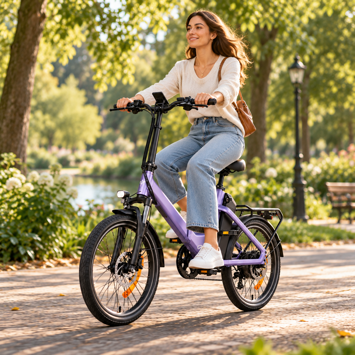 ENGWE O20 Boost, bicicleta eléctrica morada que una mujer conduce por un camino del parque, vista lateral