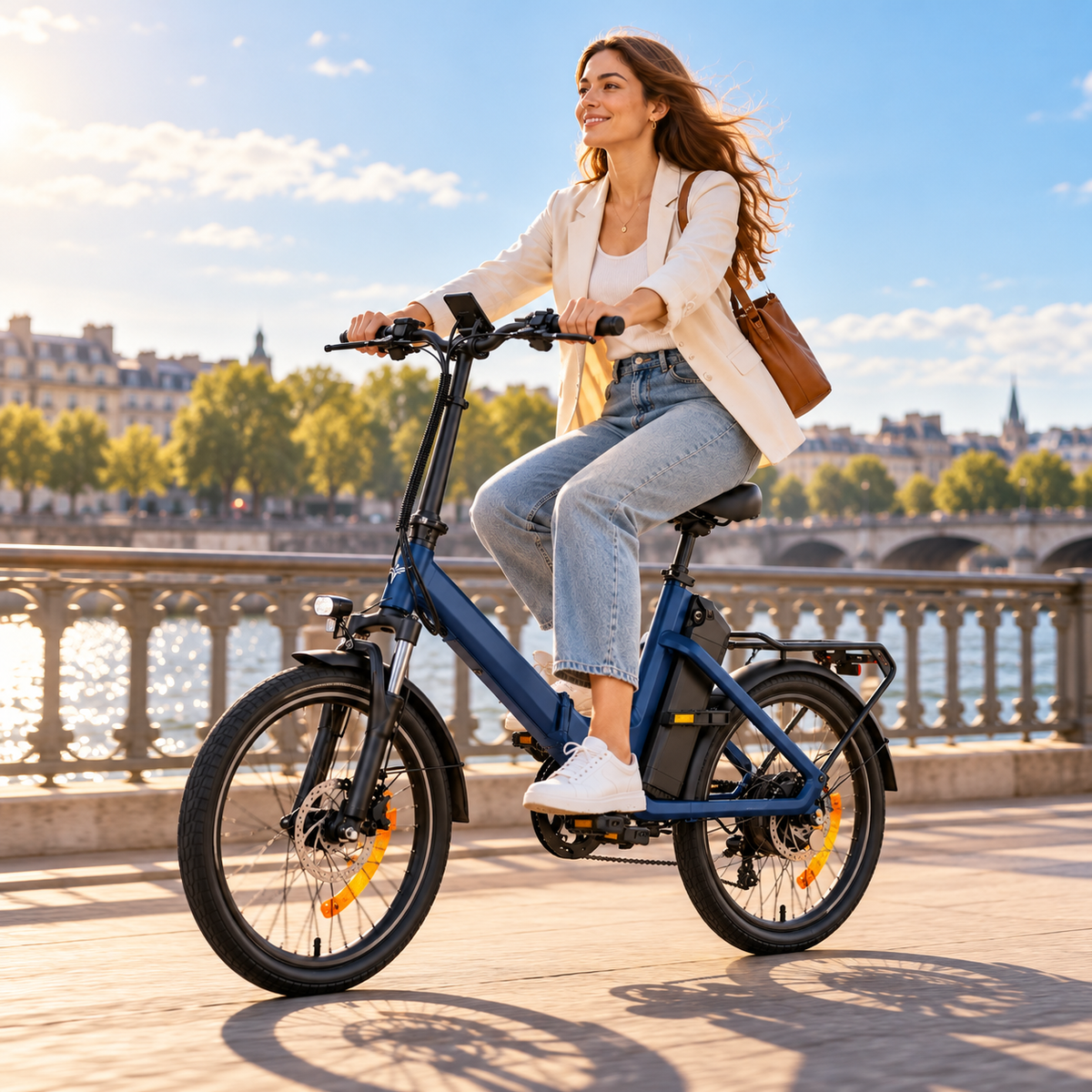 ENGWE O20 Boost, bicicleta eléctrica azul, vista lateral con una mujer pedaleando junto a un río
