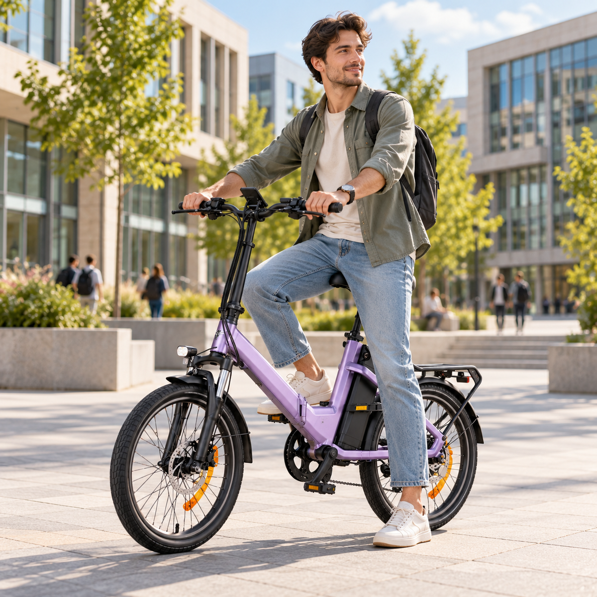 ENGWE O20 Boost, bicicleta eléctrica morada, vista lateral con un hombre sentado en la bicicleta en una plaza
