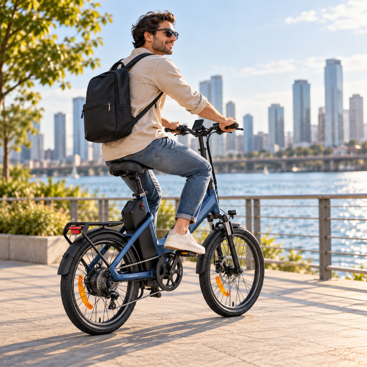 ENGWE O20 Boost: hombre con mochila montando una bicicleta eléctrica azul por un paseo marítimo con el horizonte de la ciudad al fondo