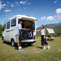 ENGWE O20 Boost – hombre levantando una bicicleta plegada hacia una autocaravana blanca mientras una mujer está al lado, pradera y montañas al fondo