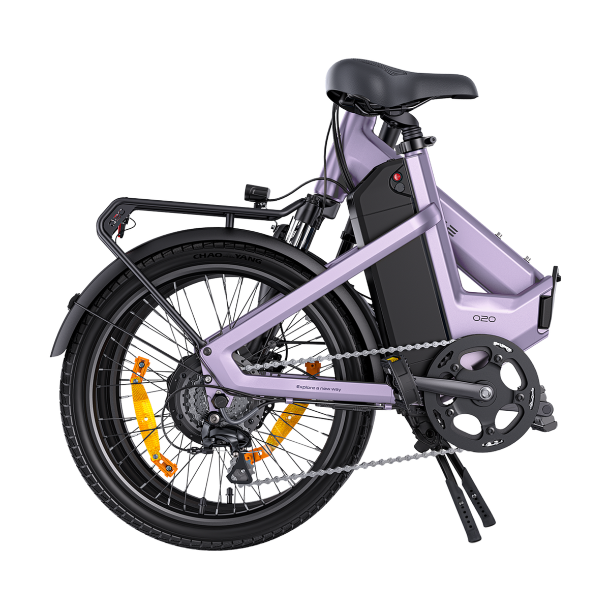 ENGWE O20 Boost en morado, plegada y vista lateral con portaequipajes, batería en el cuadro y reflectores naranjas en las ruedas