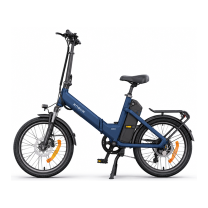 ENGWE O20 Boost bicicleta eléctrica, azul, vista lateral con batería en el cuadro y portaequipajes
