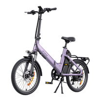ENGWE O20 Boost bicicleta eléctrica morada, bicicleta completa vista en diagonal desde delante con portaequipajes y pata de cabra